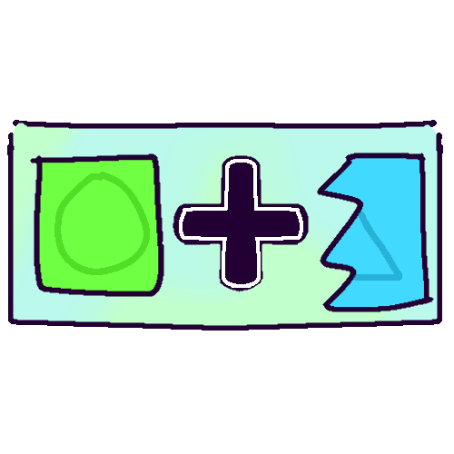 A long rectangle colored a pastel mix of swirling blue and green. Inside of it is a green square with a circle design, a black plus sign (+), and a half of a broken blue square with a triangle design.